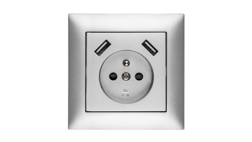 Sentia Gniazdo pojedyncze z/u 16A z USB 2x2,1A 5VDC z przesłonami i ramką srebrne GPT 2P+Z 2xUSB 1488-06