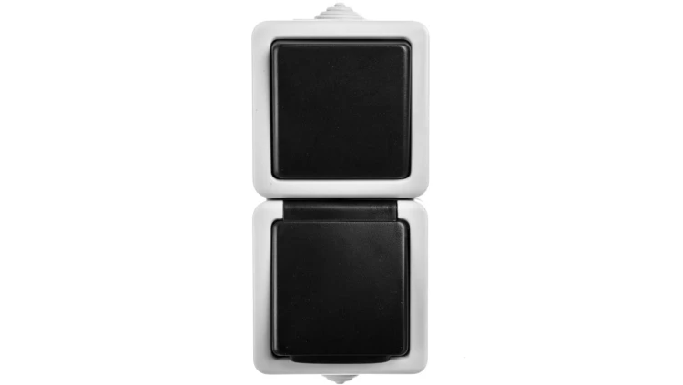 TEKNO Łącznik jednobiegunowy + gniazdo z ochroną styków pionowy śrubowy 10AX/16A 250V szare IP54 25361