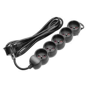 Przedłużacz 5-krotny 2P+Z, 1,5m H05VV-F 3x1,5mm2 , Imax=16A, płaska wtyczka, czarny,ES-6/B/1,5