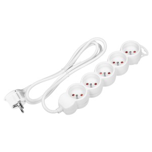 Przedłużacz 5-krotny 2P+Z, 5m H05VV-F 3x1,5mm2, Imax=16A, płaska wtyczka, biały,ES-6/W/5