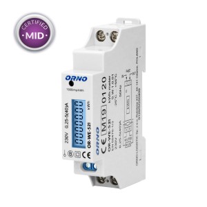 Licznik energii elektrycznej 1-fazowy 40A MID wyjście impulsowe podświetlenie 1 moduł DIN TH-35mm OR-WE-521