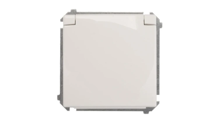 Simon Basic Gniazdo bryzgoszczelne z/u IP44 z przesłoną torów i klapką białe BMGZ1Bz.01/11