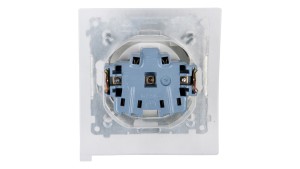 Simon 54 Gniazdo bryzgoszczelne z/u IP44 z przesłoną torów i klapką pełną białe DGZ1BZ.01/11