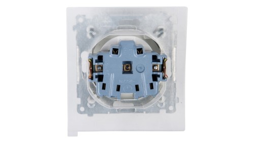 Simon 54 Gniazdo bryzgoszczelne z/u IP44 z przesłoną torów i klapką pełną białe DGZ1BZ.01/11