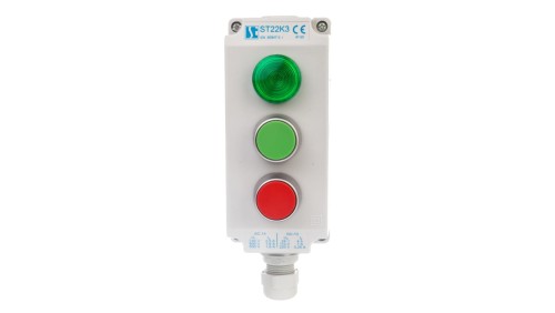Kaseta sterownicza 3-otworowa zielony/czerwony/lampka zielona 230V IP65 1x dławik M20 szara ST22K3\06-1
