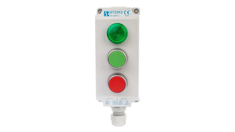 Kaseta sterownicza 3-otworowa zielony/czerwony/lampka zielona 230V IP65 1x dławik M20 szara ST22K3\06-1