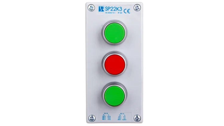 Kaseta sterownicza 3-otworowa 2xzielony/czerwony 2Z 1R IP65 1x membrana M20 szara SP22K3\02-2