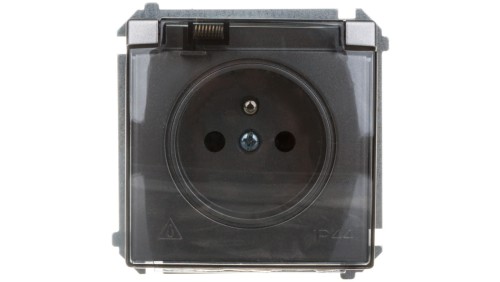 Simon Basic Gniazdo bryzgoszczelne z/u IP44 z przesłoną torów i klapką stal inox BMGZ1Bz.01/21a