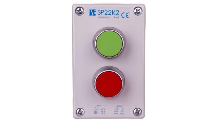 Kaseta sterownicza 2-otworowa z przyciskami zielony/czerwony szara IP65 SP22K2\01-1