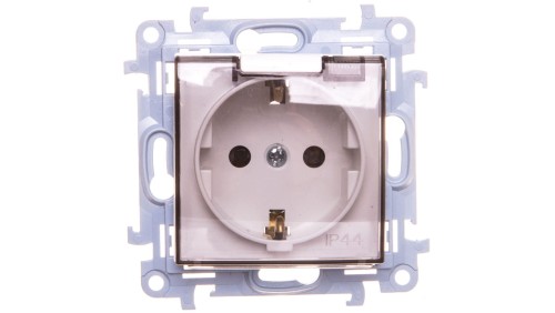 Simon 10 Gniazdo pojedyncze SCHUKO z uszczelką z przesłonami klapką trans. białe 16A 250V IP44 CGSZ1BZ.01/11A