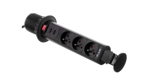 Biurkowy przedłużacz wpuszczany fi 60mm czarny 3x gniazdo z uziemieniem 2xUSB 2,1A 5V AE-BPW3U60U-20