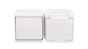 JUNIOR Łącznik jednobiegunowy + gniazdo hermetyczne (klapka biała) biały IP54 WGHH-1