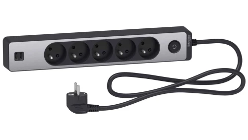 Odace Przedłużacz 5 gniazdowy z łącznikiem 2x USB, 1,5m antracyt+szczotkowane aluminium ST935U1BA