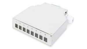 Przełącznica światłowodowa na szynę DIN 8x LC duplex biała uchwyt spawów 125x130x35mm DN-96891