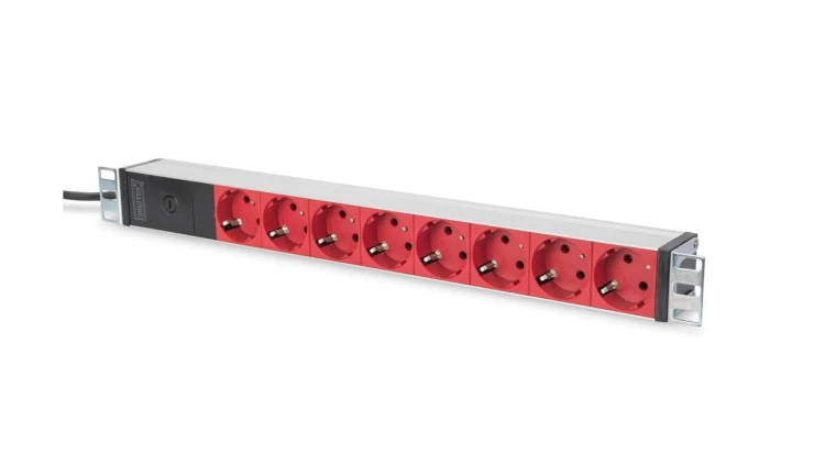 Listwa zasilająca PDU 19 Rack 8x czerwone gniazdo schuko 2m 1x wtyk C14 10A aluminiowa DN-95410-R
