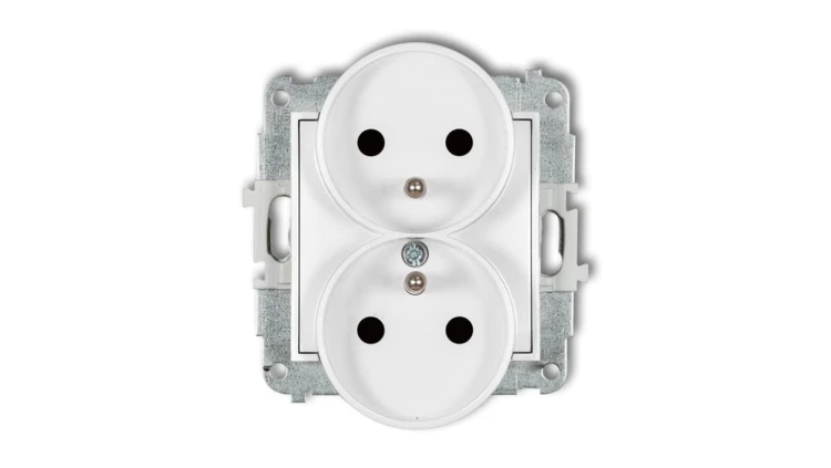MINI Mechanizm gniazda podwójnego do ramki z uziemieniem 2x(2P+Z) (przesłony torów prądowych) biały mat 25MGPR-2zp