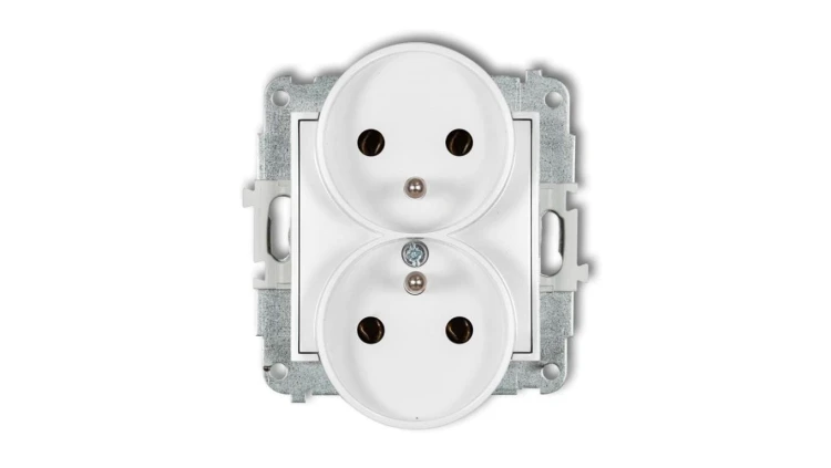 MINI Mechanizm gniazda podwójnego do ramki z uziemieniem 2x(2P+Z) (bez przesłon torów prądowych) biały mat 25MGPR-2z