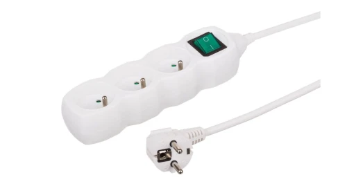 Przedłużacz 3-gniazdowy, 3m biały, z wyłącznikiem, 3x1,0mm OWY 35330