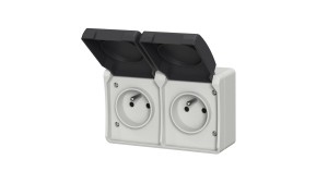 Gniazdo podwójne z uziemieniem natynkowe z klapką Aqua Plus IP54 szaro grafitowe 40115