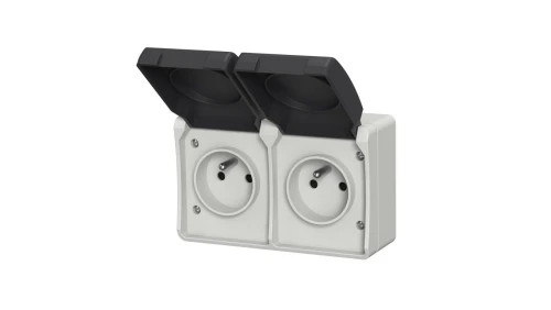 Gniazdo podwójne z uziemieniem natynkowe z klapką Aqua Plus IP54 szaro grafitowe 40115