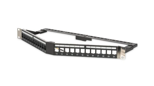 Panel krosowy kątowy 19 24x keystone, ekranowany,1U, czarny, prowadnica kabli, pola opisowe DN-91414S