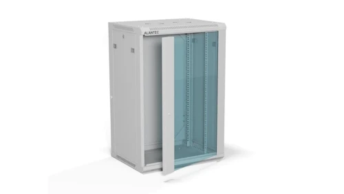 Szafa rack wisząca 19 cali 18U 600x450, drzwi szklane, tył i osłony boczne demontowalne, FLAT PACK kolor szary ALANTEC