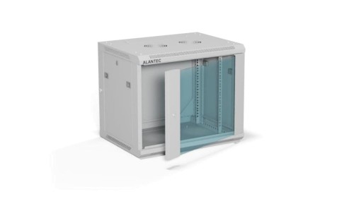 Szafa rack wisząca 19 cali 9U 600x450, drzwi szklane, tył i osłony boczne demontowalne, FLAT PACK kolor szary ALANTEC