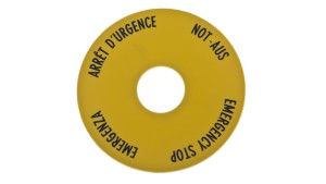 Tabliczka opisowa żółta okrągła fi60 EMERGENCY STOP (4 języki) SRT1 058873