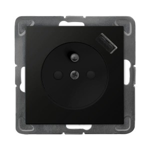 IMPRESJA Gniazdo pojedyncze z uziemieniem z przesłonami torów prądowych, z ładowarką USB czarny metalik GP-1YZPUSB/m/33