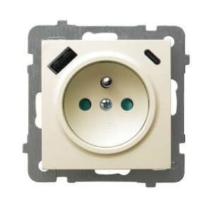 AS Gniazdo pojedyncze z uziemieniem z przesłonami torów prądowych, z ładowarką USB A+C, ecru, GP-1GZPUSBAC/m/27