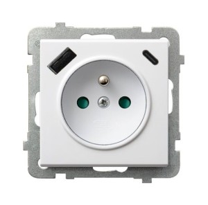 SONATA Gniazdo pojedyncze z uziemieniem z przesłonami torów prądowych, z ładowarką USB A+C biały mat GP-1RZPUSBAC/m/75