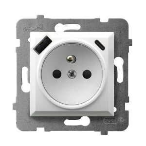 ARIA Gniazdo pojedyncze z uziemieniem z przesłonami torów prądowych, z ładowarką USB A+C biały GP-1UZPUSBAC/m/00