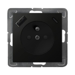 IMPRESJA Gniazdo pojedyncze z uziemieniem z przesłonami torów prądowych, z ładowarką USB A+C czarny metalik GP-1YZPUSBAC/m/33