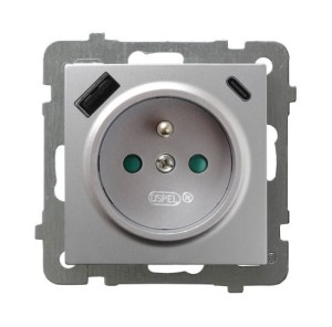 AS Gniazdo pojedyncze z uziemieniem z przesłonami torów prądowych, z ładowarką USB A+C srebro GP-1GZPUSBAC/m/18