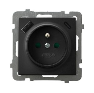 AS Gniazdo pojedyncze z uziemieniem z przesłonami torów prądowych, z ładowarką USB A+C czarny metalik GP-1GZPUSBAC/m/33