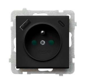SONATA Gniazdo pojedyncze z uziemieniem z przesłonami torów prądowych, z ładowarką USB A+C czarny metalik GP-1RZPUSBAC/m/33