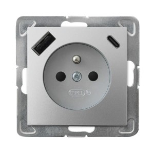 IMPRESJA Gniazdo pojedyncze z uziemieniem z przesłonami torów prądowych, z ładowarką USB A+C srebro GP-1YZPUSBAC/m/18
