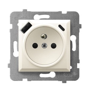 ARIA Gniazdo pojedyncze z uziemieniem z przesłonami torów prądowych, z ładowarką USB A+C ecru GP-1UZPUSBAC/m/27