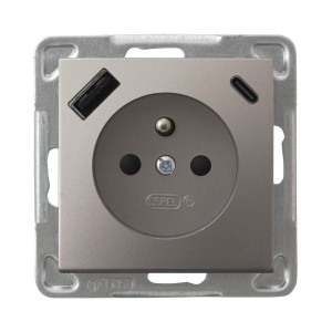 IMPRESJA Gniazdo pojedyncze z uziemieniem z przesłonami torów prądowych, z ładowarką USB A+C tytan GP-1YZPUSBAC/m/23