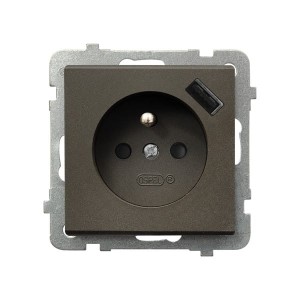 SONATA Gniazdo pojedyncze z uziemieniem z przesłonami torów prądowych, z ładowarką USB A+C czekoladowy metalik GP-1RZPUSBAC/m/40