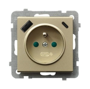 SONATA Gniazdo pojedyncze z uziemieniem z przesłonami torów prądowych, z ładowarką USB A+C szampański złoty GP-1RZPUSBAC/m/39