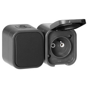 Łącznik n/t jednobiegunowy + Gniazdo pojedyncze 2P+Z B2, IP54, GWN-B2, szary/czarny,OR-OE-7807/GB