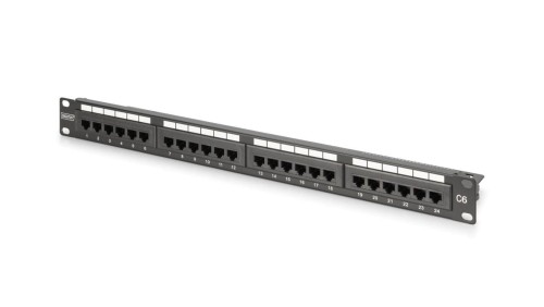 Panel krosowy 19 24x RJ45, LSA pion, kat.6, nieekranowany, 1U,czarny,prowadnica kabli,pola opisowe DN-91624U-CR