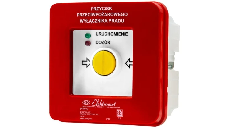 Przycisk ppoż wyłącznika prądu p/t 2 tory prądowe 12A, NC-NO, diody uniwersalne (230V AC lub 24V DC) czerwona/zielona PPWPp-1s A