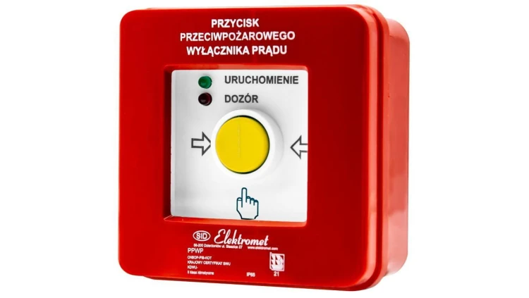 Przycisk ppoż wyłącznika prądu n/t 2 tory prądowe 12A, NC-NO, diody czerwona/zielona PPWP-1 B
