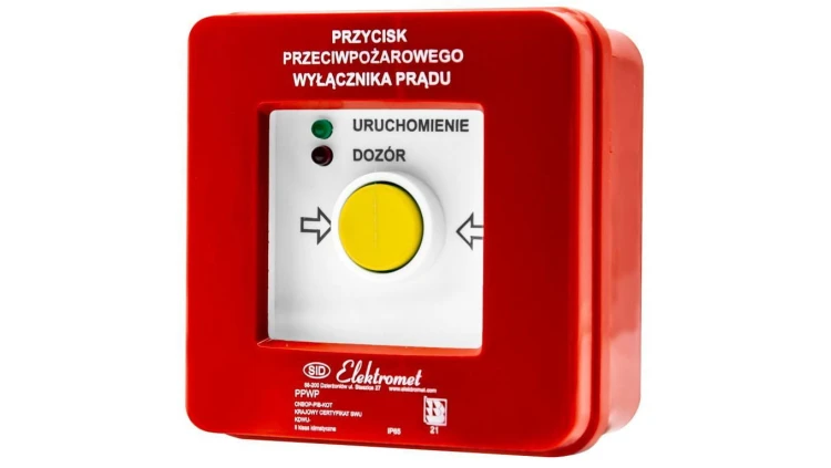 Przycisk ppoż wyłącznika prądu n/t 2 tory prądowe 12A, NC-NC, diody czerwona/zielona PPWP-3s A