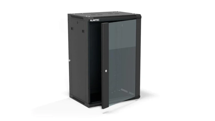 Szafa rack wisząca 19 cali 18U 600x450, drzwi szklane, tył i osłony boczne demontowalne, FLAT PACK kolor czarny ALANTEC