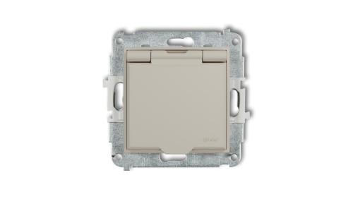 MINI Mechanizm gniazda bryzgoszczelnego z uziemieniem 2P+Z (klapka biały mat, przesłony torów prądowych) taupe 60IGPB-1zp