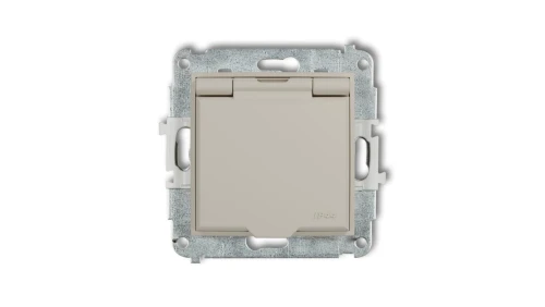 MINI Mechanizm gniazda bryzgoszczelnego z uziemieniem 2P+Z (klapka biały mat, przesłony torów prądowych) taupe 60IGPB-1zp