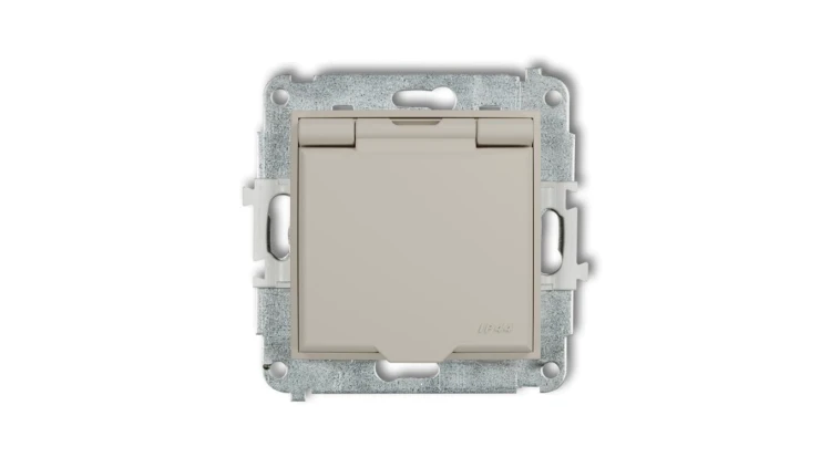MINI Mechanizm gniazda bryzgoszczelnego z uziemieniem 2P+Z (klapka biały mat, przesłony torów prądowych) taupe 60IGPB-1zp